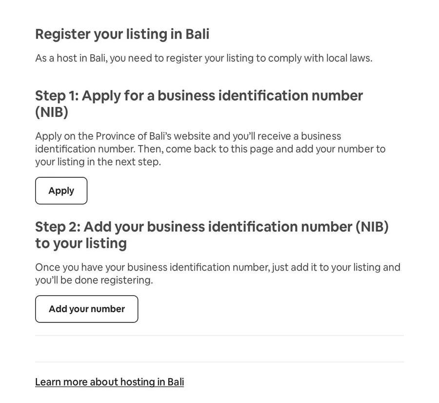 Airbnb's 'Register your listing in Bali' page shows only two steps: apply for NIB, then add it to your listing.